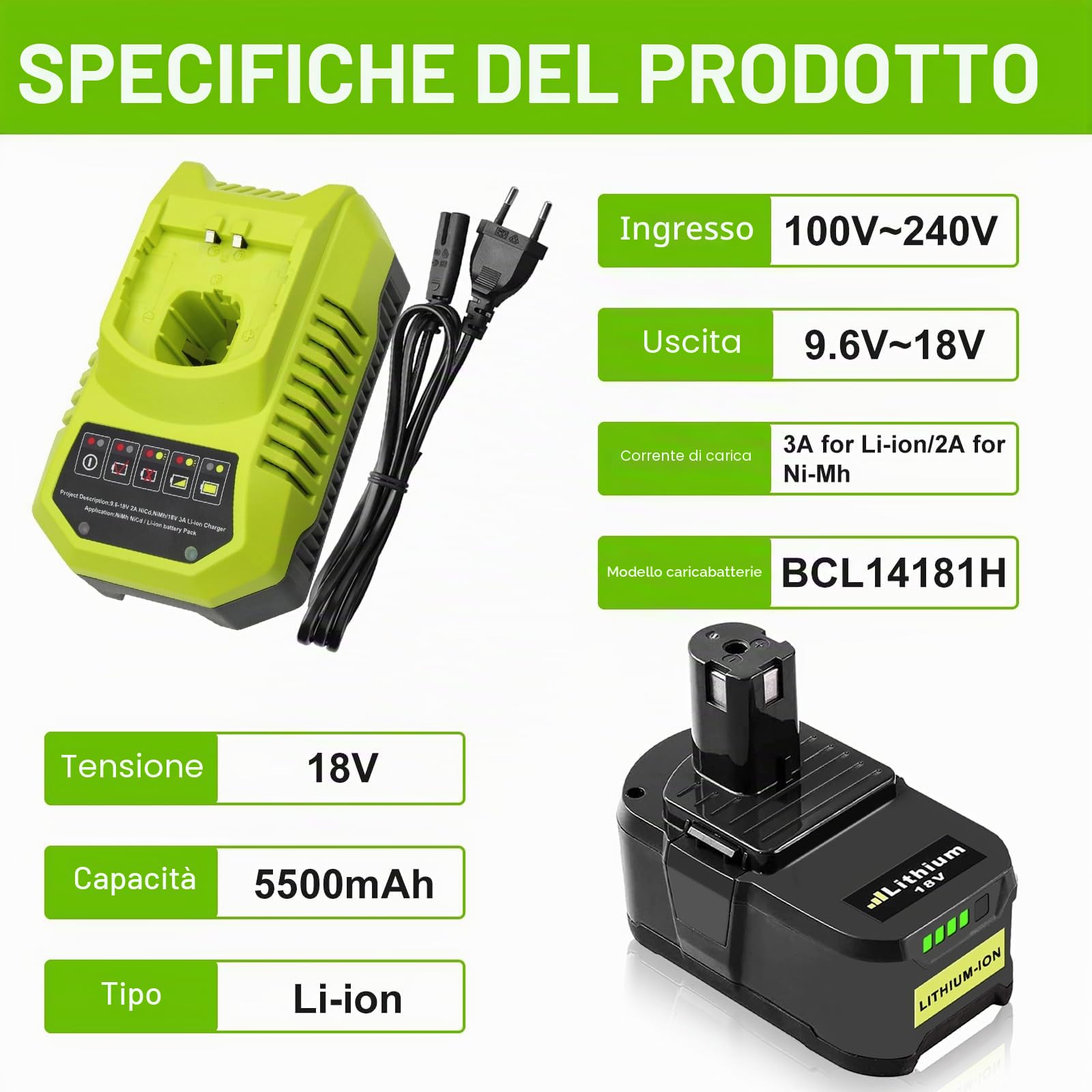 2X P108 di ricambio per Ryobi batteria 18V + 9,6V-18V 3A per Ryobi caricabatterie BCL14181H agli ioni di litio e batteria NI-MH per P106 P107 P105 P108 P100 P102 con LED