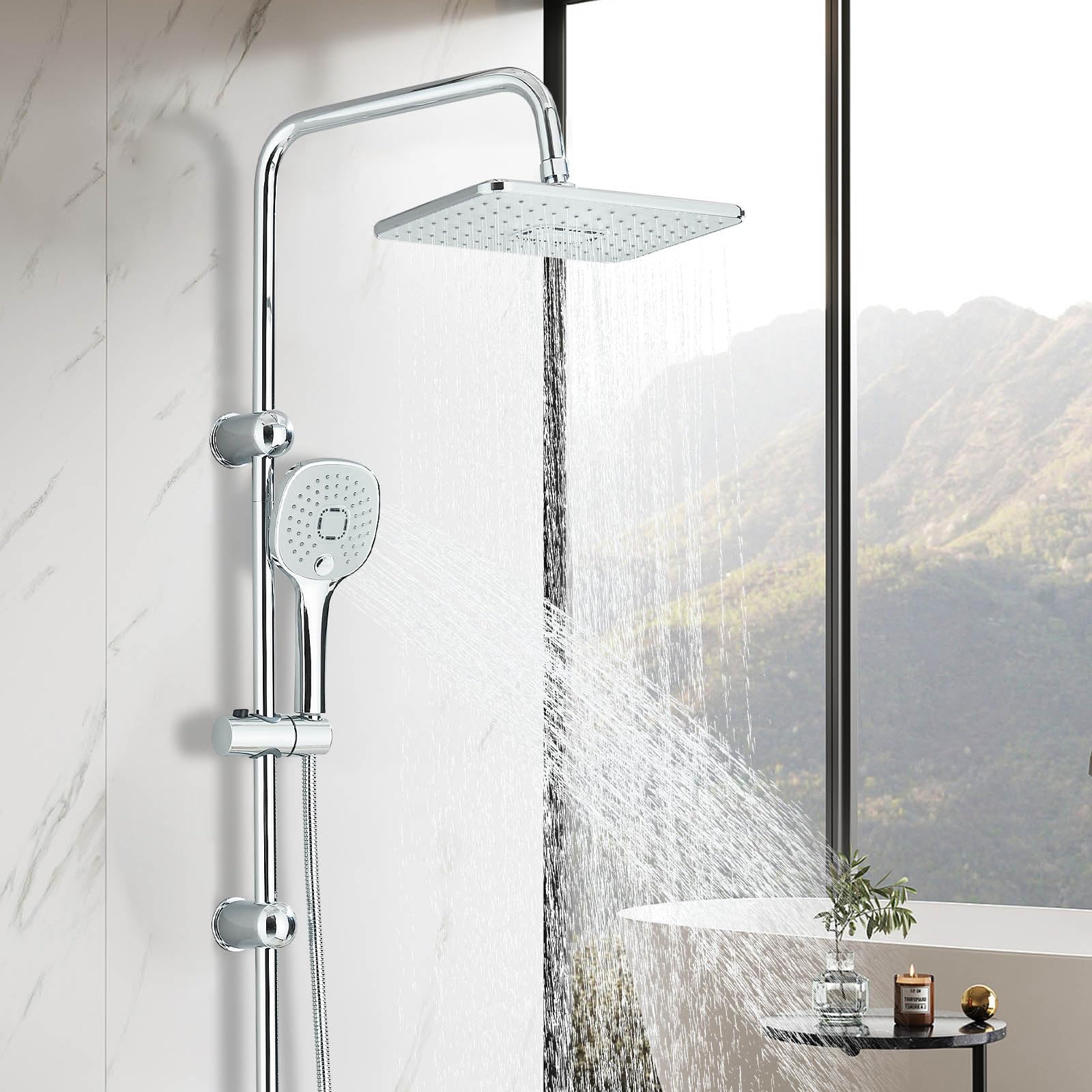 Colonne de Douche sans Mitigeur Chromé Acier Inoxydable Ensemble de Douche avec Carrée Douchette und Pommeau de Douche 29x19cm Salle de Bain