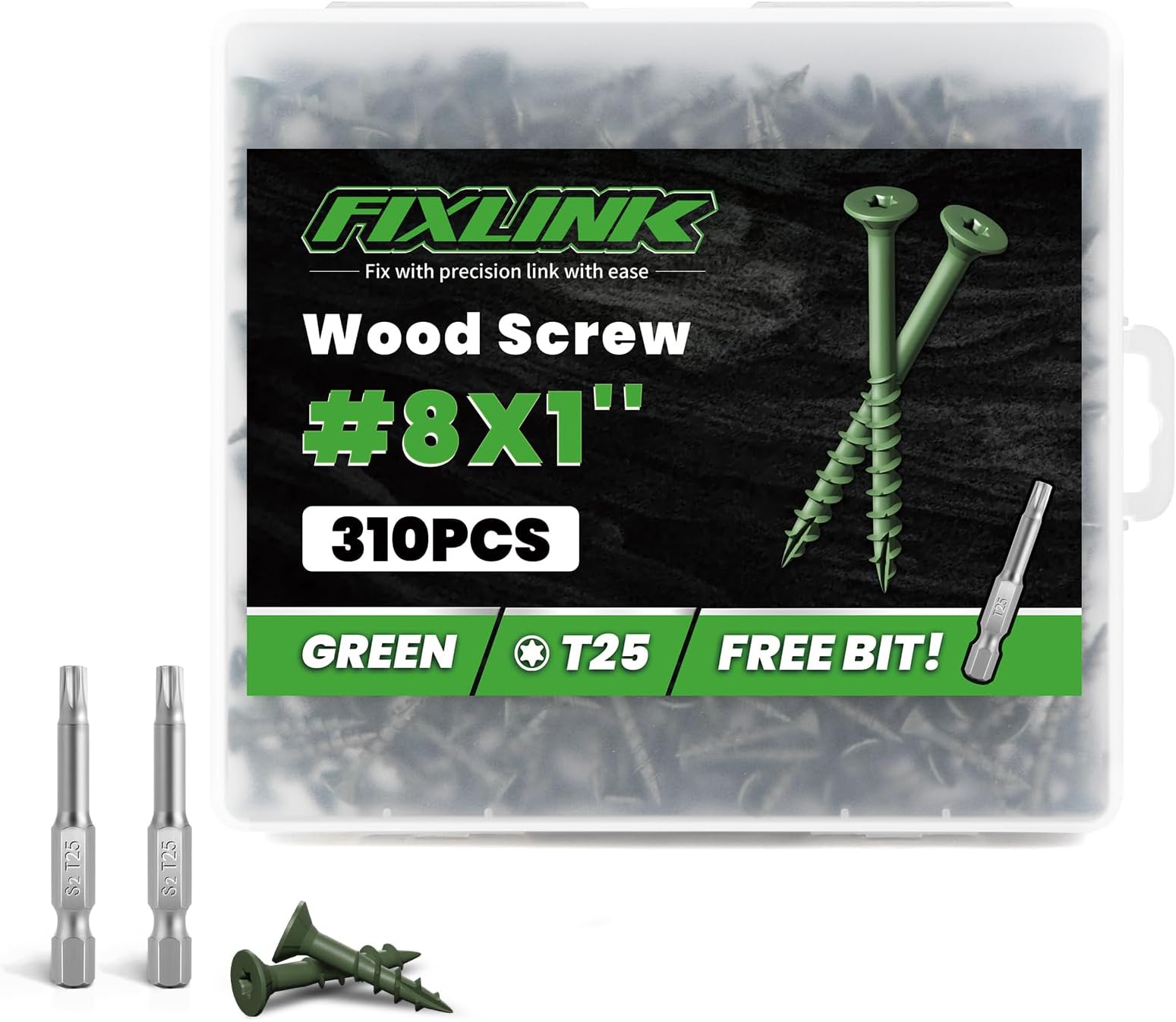 Wood Screws 1 Inch, FIXLINK Deck Screws #8 x 1, 310 PCS, Epoxy Coated, T25 Star Bit Above 1500 Hour Salt Spray Coating Outdoor Decking Screws Excellent Rust Resistant for Outdoor Wood Fence, Green