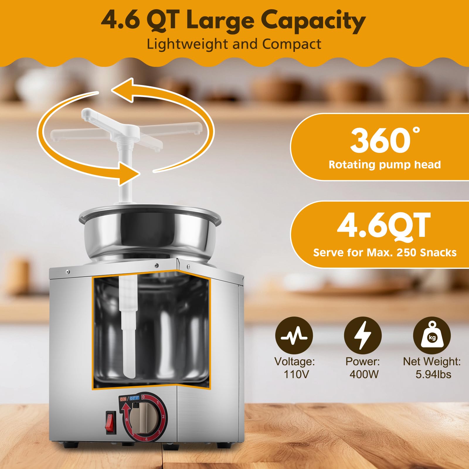 Fulgutonit Dispensador eléctrico de queso nacho con bomba, calentador de queso nacho de 2.8 cuartos de galón, calentador de dulce caliente comercial, temperatura ajustable de 86 ~ 87.8 °C, calentador
