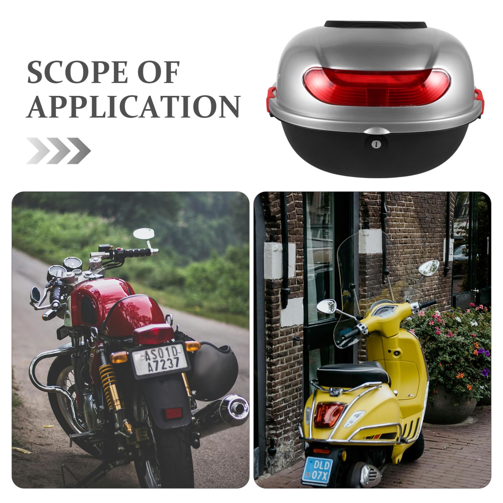 VOSAREA Coffre Arrière Moto Argenté Base et Sangles Grosse Boîte de Rangement Étanche pour Scooter Électrique Top Case Polyvalent pour Transport Bagages et Outils Moto