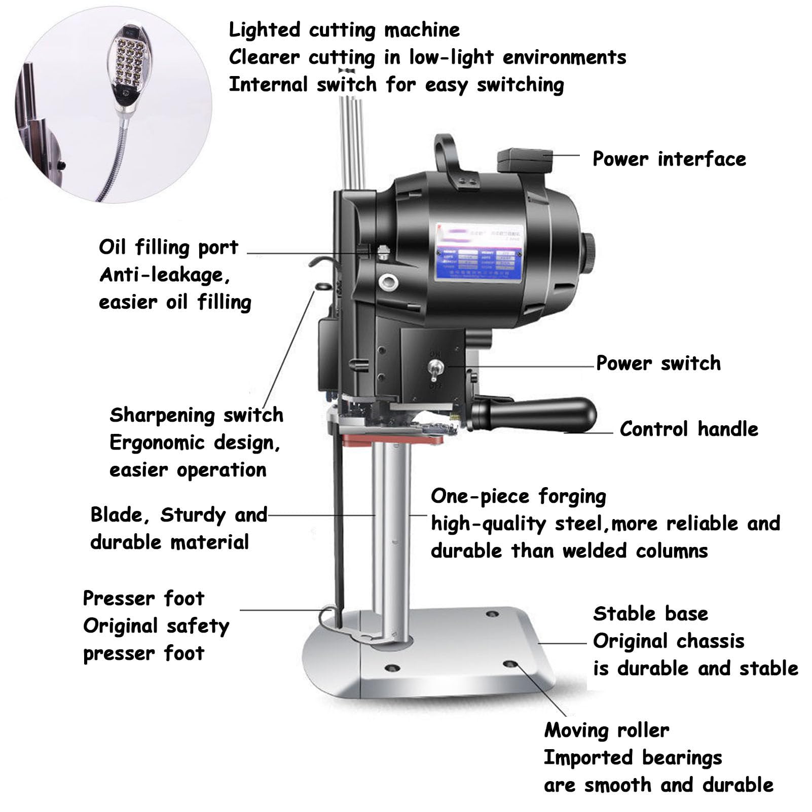 Machine De Découpe De Tissu Électrique avec Lumière LED Et Affûtage Automatique, Idéale pour Les Vêtements, Le Cuir Et Le Papier, 38 Cm (15 Pouces)