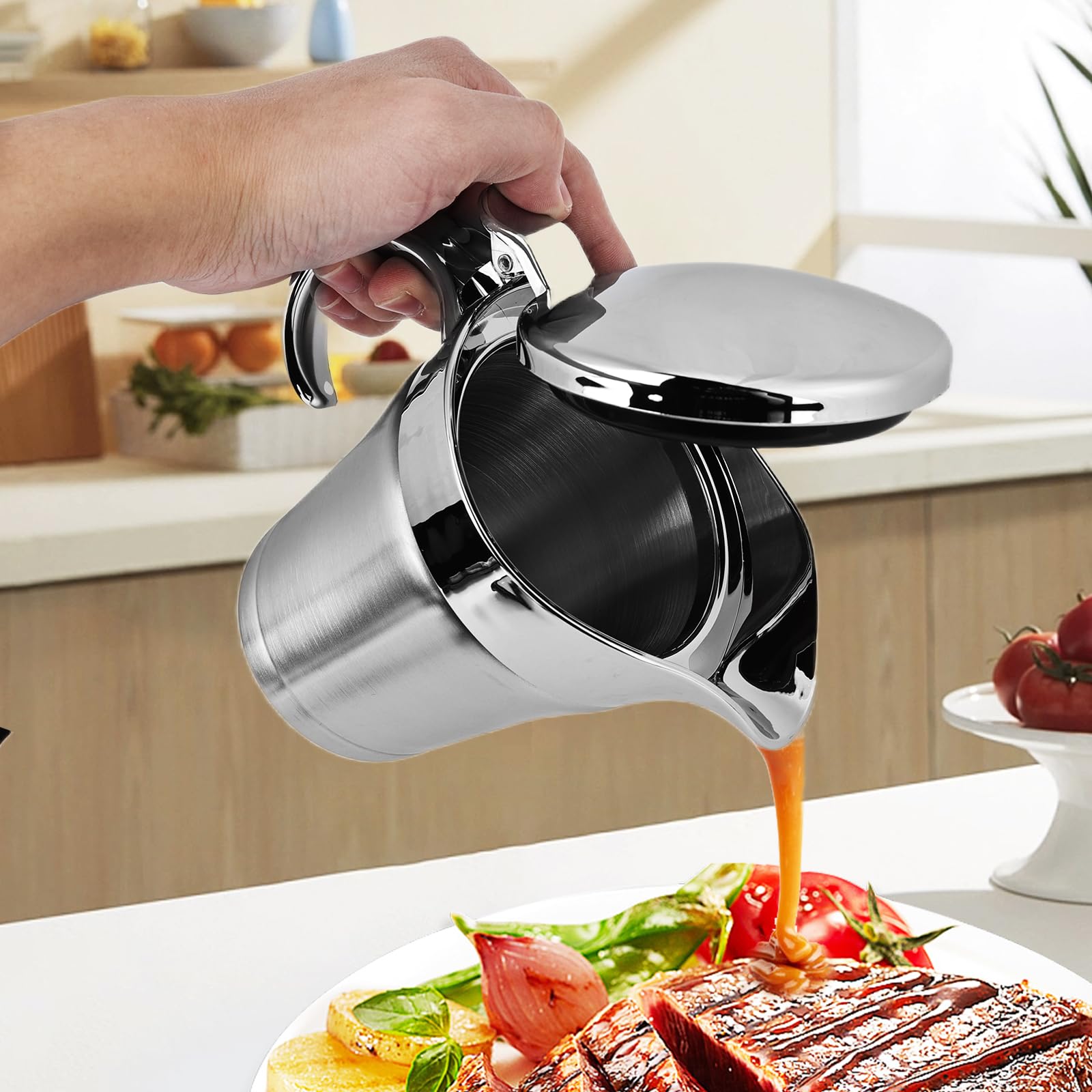 Thermo-Sauciere aus Edelstahl, 500 ml, doppelte Isolierung, elegant, silberfarben, mit Deckel, isoliert