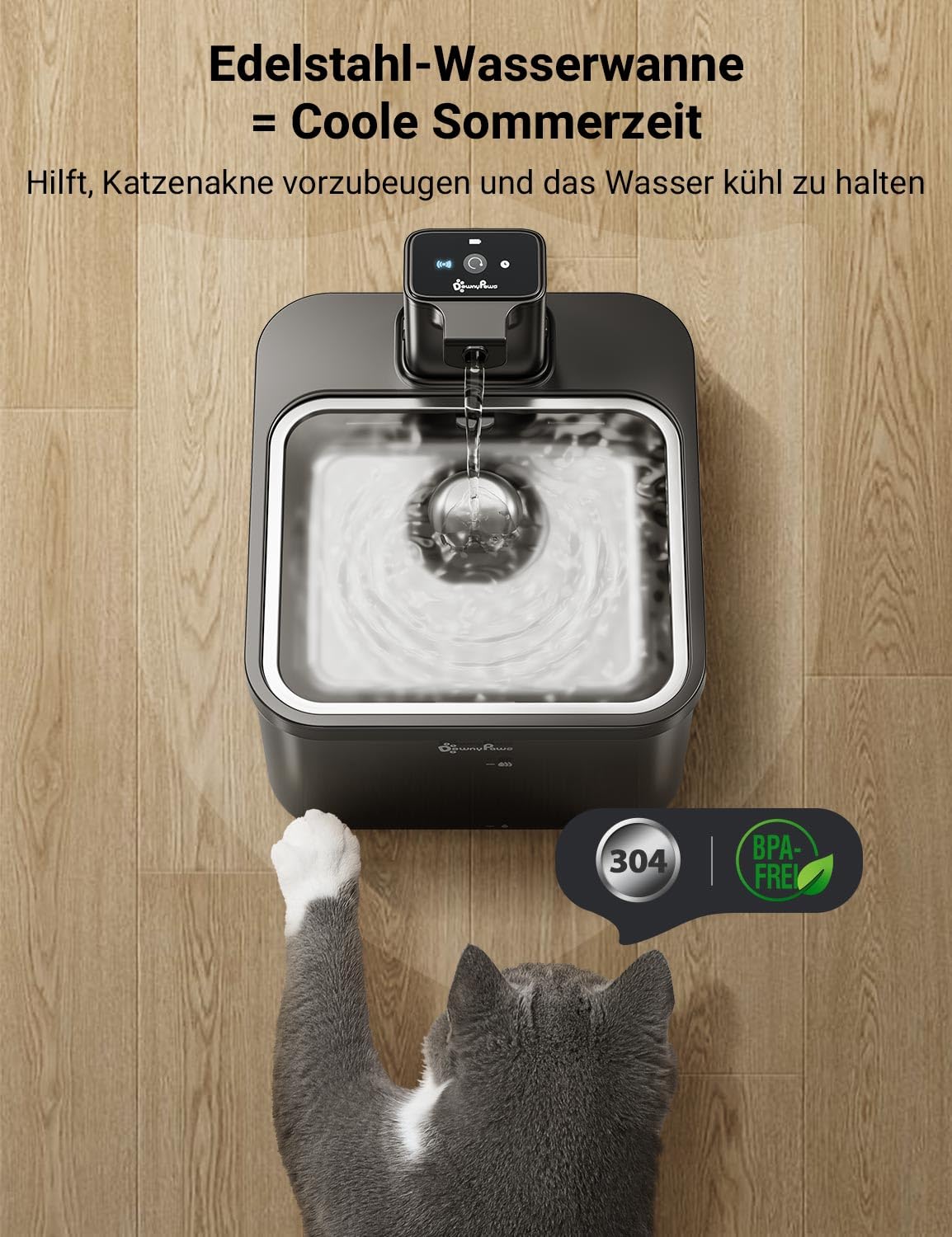 DownyPaws 2.5L Trinkbrunnen für Katze Kabellos, Katzenbrunnen Kabellos mit Bewegungsmelder, Batteriebetrieben Katzentrinkbrunnen, 4000mAh, Leise Wasserpumpe, Tablett aus Edelstahl für Katze, Schwarz
