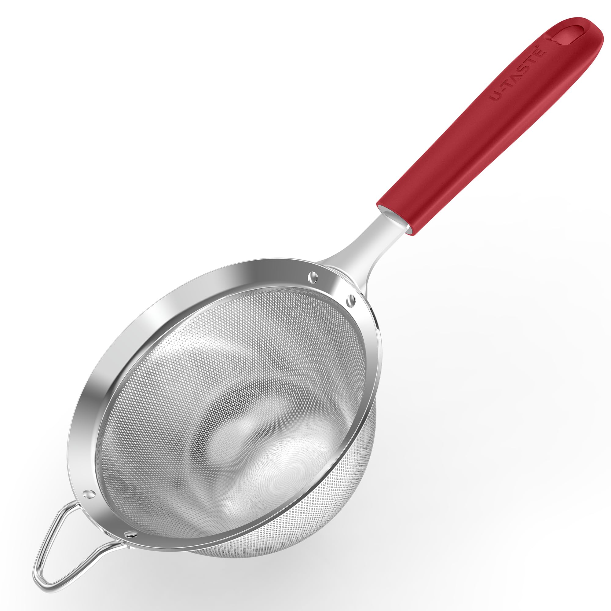 U-Taste Medium Fine Mesh Strainer: 18/8 Stainless Steel 4.73in 30 Mesh Kitchen Food Sieve with Sturdy Riveted Silicone Handle, Heavy Duty Deep Handheld Metal Colander for Rice, Quinoa, Flour (Red)