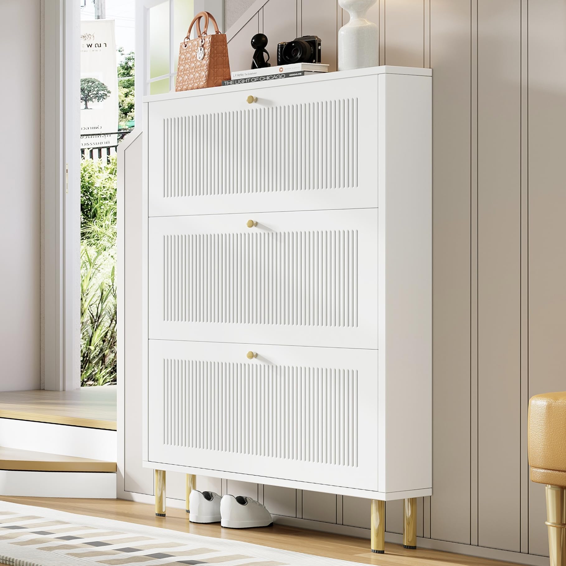 Scarpiera sottile, 73 x 23 x 125 cm, con 3 ante a ribalta, scarpiera con 6 ripiani per ingresso, design contemporaneo, bianco