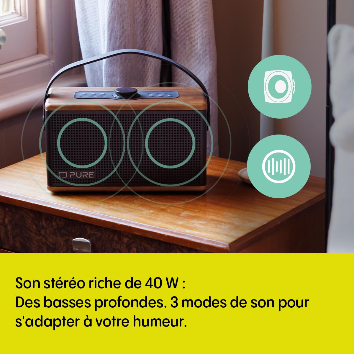 Pure Classic Aura Enceinte Bluetooth Portable 40W avec Batterie 10000mAh, Fonction Powerbank, lumière d’Ambiance, 30h autonomie, USB-C, entrée AUX, étanche IPX2 – Marron Café/Noyer