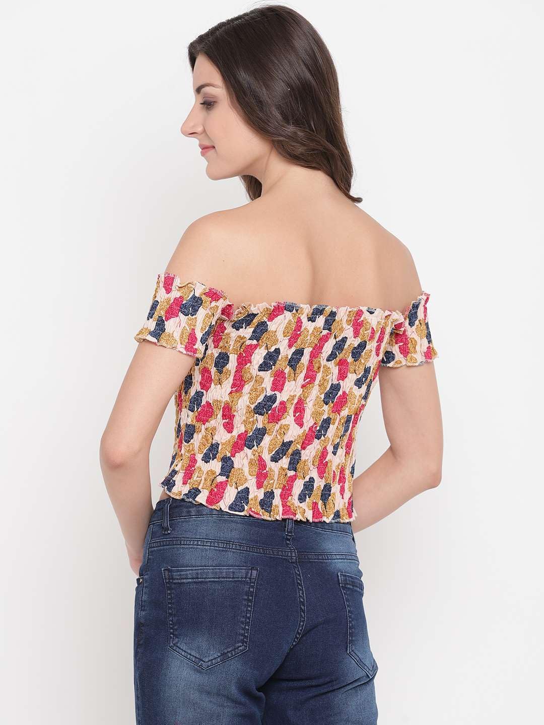 Zenvy Crafts Women's Rayon Printed Off-Shoulder Smocked Crop Top Short Sleeve Casual Styles Tank Top (Free Size) Multi32