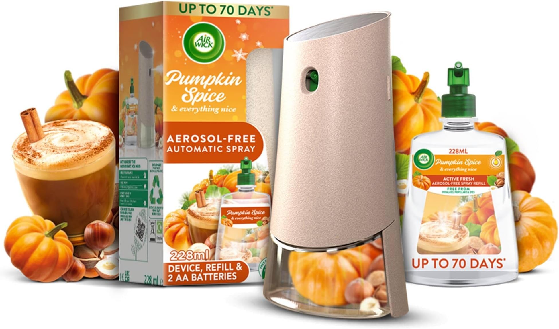 Air Wick Aerosol-Free Automatic Air Freshener Spray Kit, Pumpkin & Winter Spice, 1 Gadget, 1 Refill and 2 AA Batteries, 24x7 Active Fresh Odour Neutraliser | Lasts Up to 70 Day