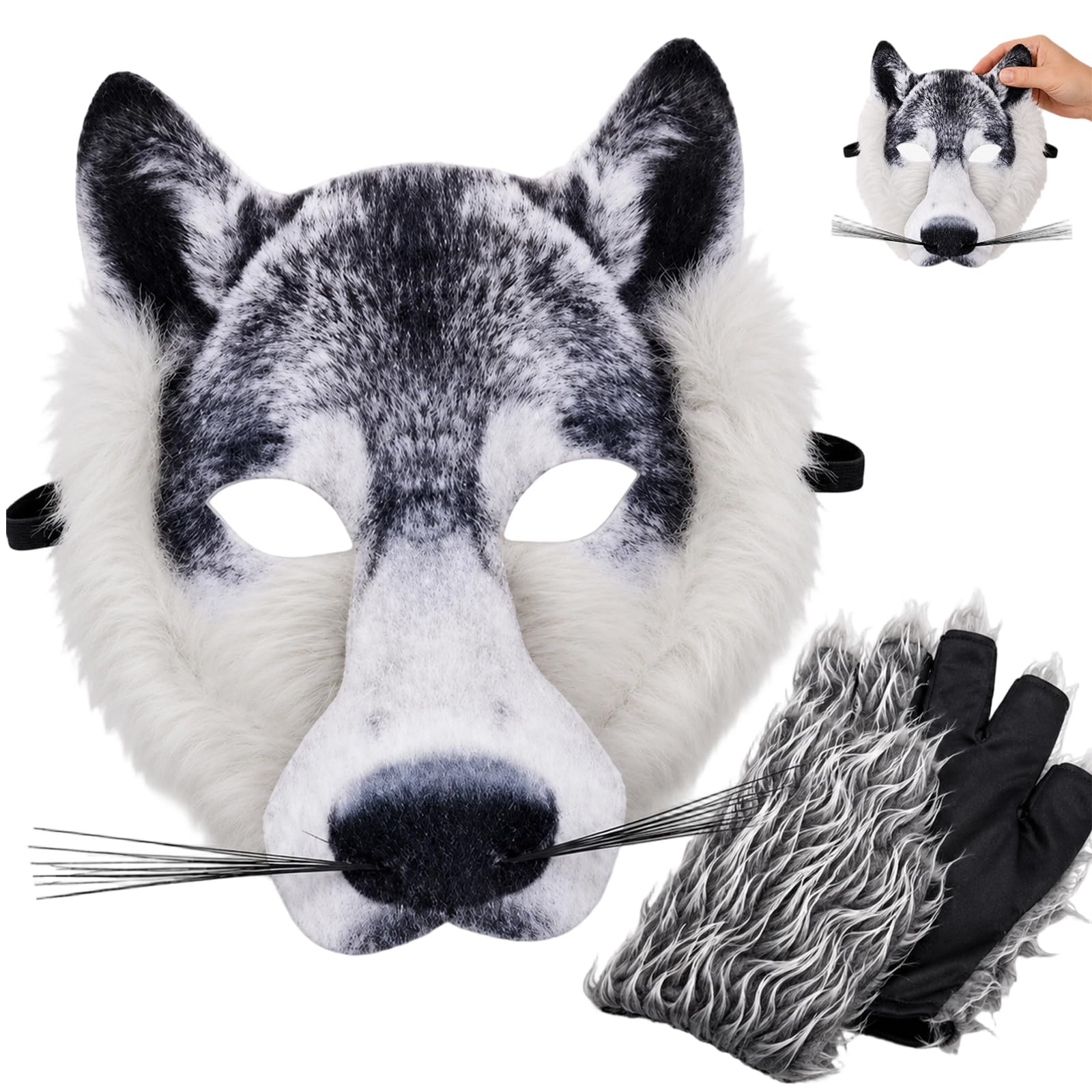 GZGRYTRC Three-Piece Costume Set Wolf Mask, Furry Mask and Glove Set for Cosplay and Themed Events, Plush Wolf Costume Accessories with Realistic Animal Design for Parties and Halloween Celebrations