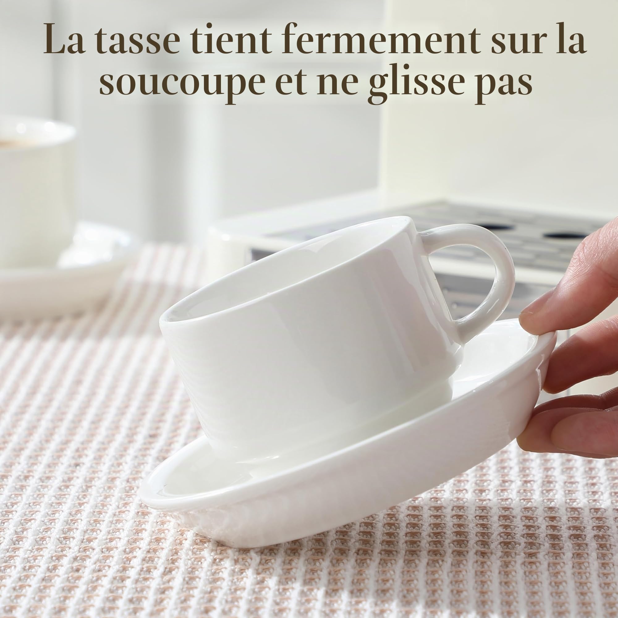 MALACASA Série REGULAR, Lot de 4 Tasses à Café pour 4 Personnes, 150 ml, Service à Café Empilable avec Soucoupe et Support en Métal，Idéal pour Expresso, Cappuccino, Latte, Moka et Thé, Blanc