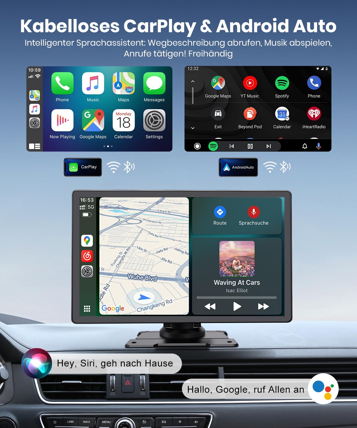 Foxpark 9.26-Zoll CarPlay Display mit IPS Touchscreen, kabelloses Apple CarPlay & Android Auto,Bluetooth 5.0, Mirror Link,FM/AUX,einfache Plug & Play Installation für ältere Fahrzeuge