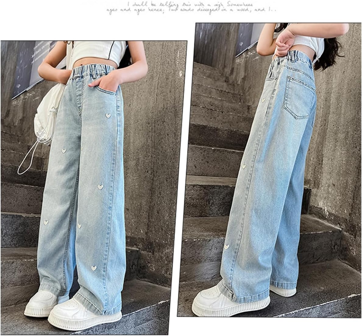 Kids Girls Baggy Jeans Heart Print Casual Wide Leg Loose fit Denim Pants Size 5-14 Years - Image 6