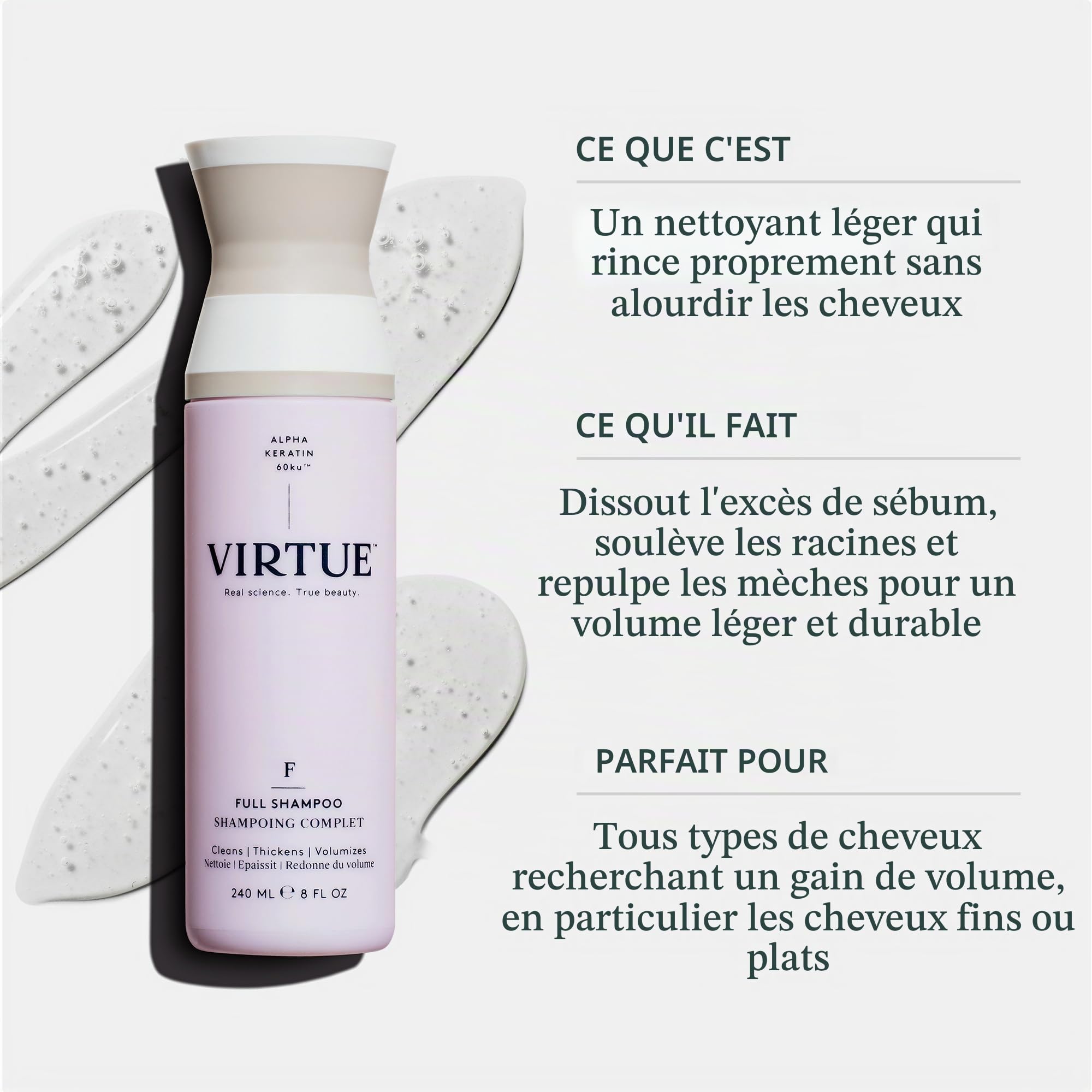 VIRTUE|Shampooing complet 8 FL OZ | L'alpha-kératine épaissit et volumise les cheveux | Sans sulfate, sans paraben, sans colorant, végétalien