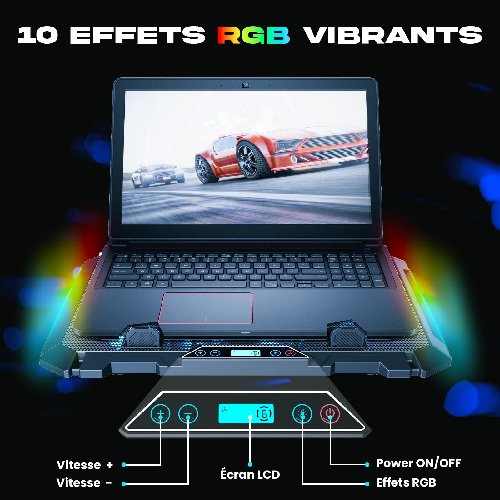 KLIM V8 Refroidisseur PC 8 Ventilateurs Rétroéclairage RGB Support Ventilé Ordinateurs 11" à 17" 2 Ports USB