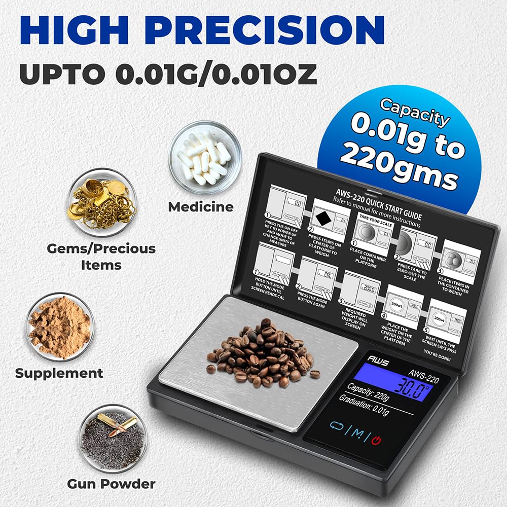 American Weigh Scales AWS-220-BLK - Báscula digital de bolsillo de la serie AWS con pantalla LCD, mide con precisión 220 g x 0,01 g, (negro),