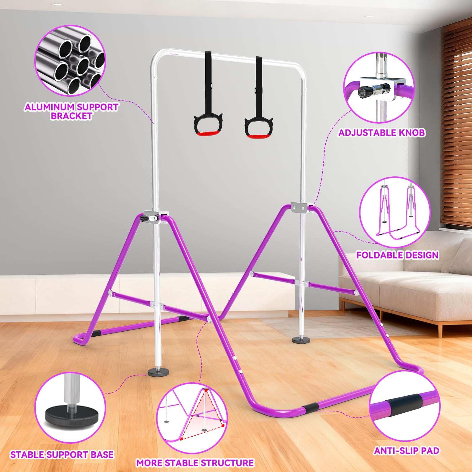 Barra de Gimnasia para Niños, Altura Ajustable y Plegable – con Anillos, Barra Horizontal para Interior, Equipo de Entrenamiento en Casa para Niñas y Niños