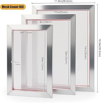 3 Pack Aluminum Silk Screen Printing Frames with 160 Mesh for Screen Printing, 10 x 14 Inch, 8 x 12 Inch, 6 x 10 Inch, Essential for T-Shirts DIY Printing