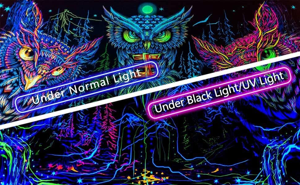 JAWO Blacklight Tapestry UV Reactive, Black Light Trippy Owl Forest Art Poster for Men Room Bedroom Decor, Psychedelic Moon Animal Glow in the Dark Blanket Party Decor 40X30 Inch