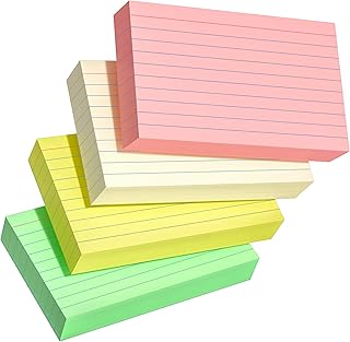 200 PCS Colored Index Cards 3x5, Ruled Index Cards, Flash Cards for Studying, Heavy Note Cards for Office, Home and School，Light Red/Green/Yellow/Beige 4 Colors, 50 PCS of Each Color