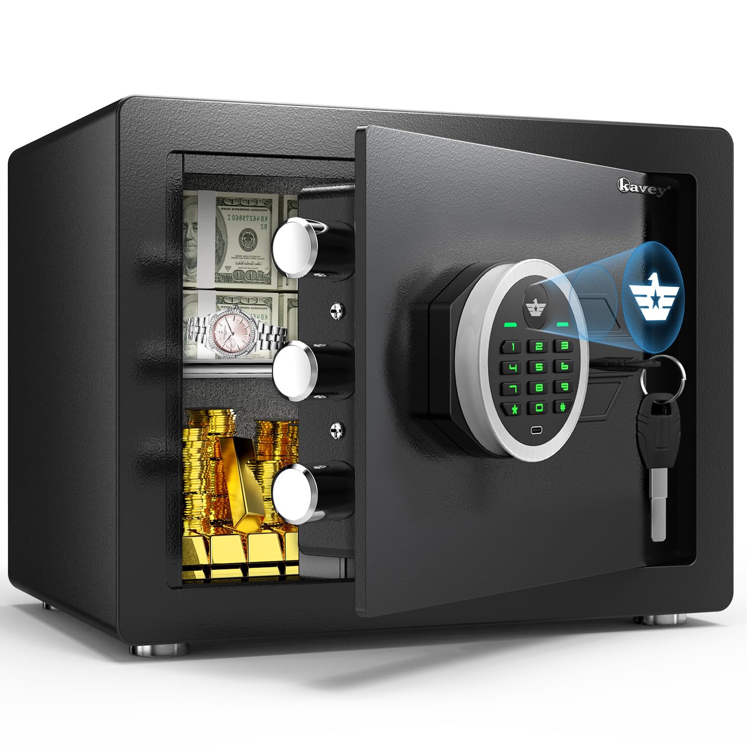 Kavey [2024 NEW] 1.2 Cub Safe Box, Home Safe with Digital Keypad and Dual Alarm System, Money Safe With Mute Function and LED Light, Safe with Removable Shelf, Safe for Money Documents Valuables