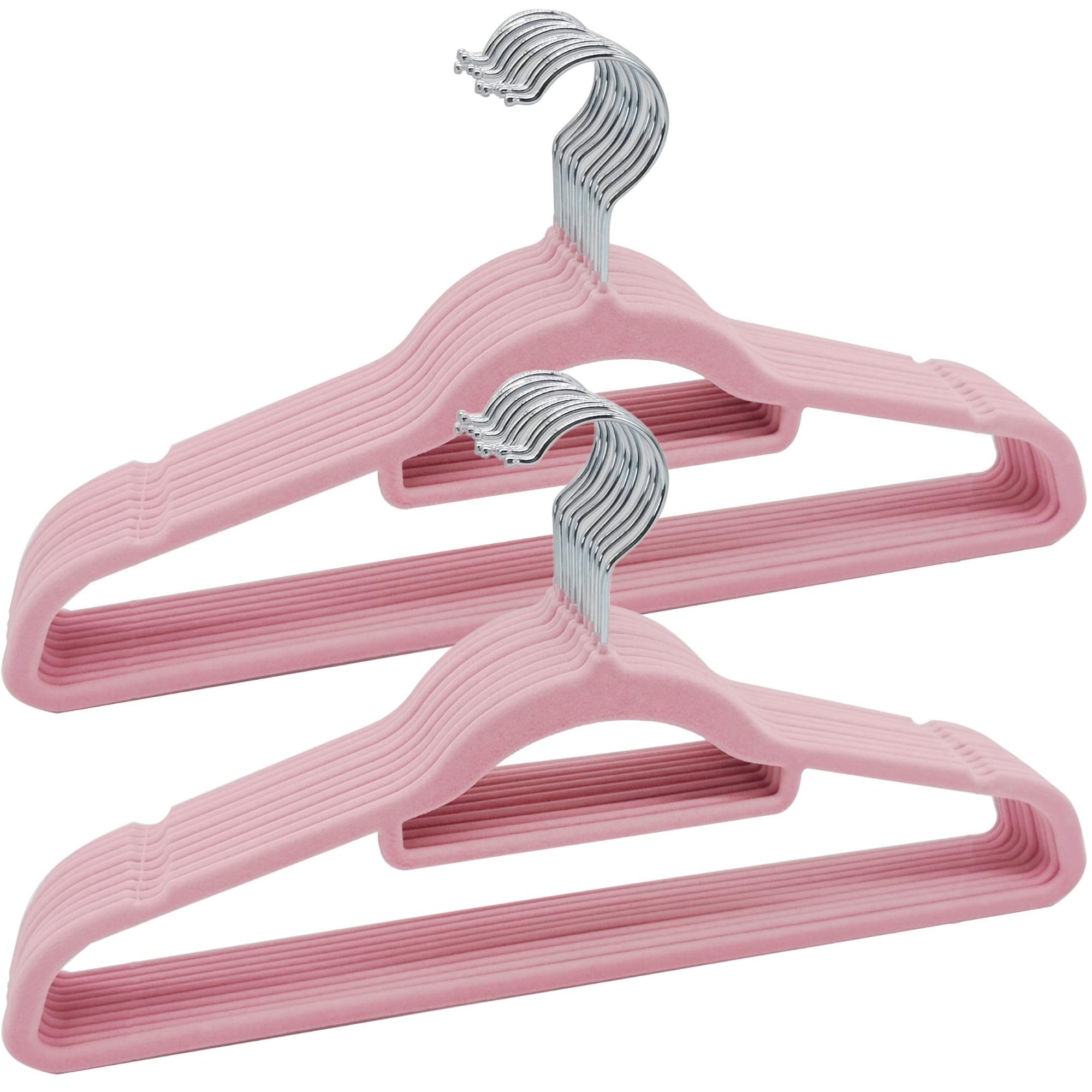 50-Pack Velvet Non-Slip Hangers with 360° Swivel Hook – Space-Saving 0.6 cm Thick, 45 cm Long Coat Hangers – Ideal for Clothes, Coats, Dresses, and Trousers with Built-In Tie Bar (Baby Pink)