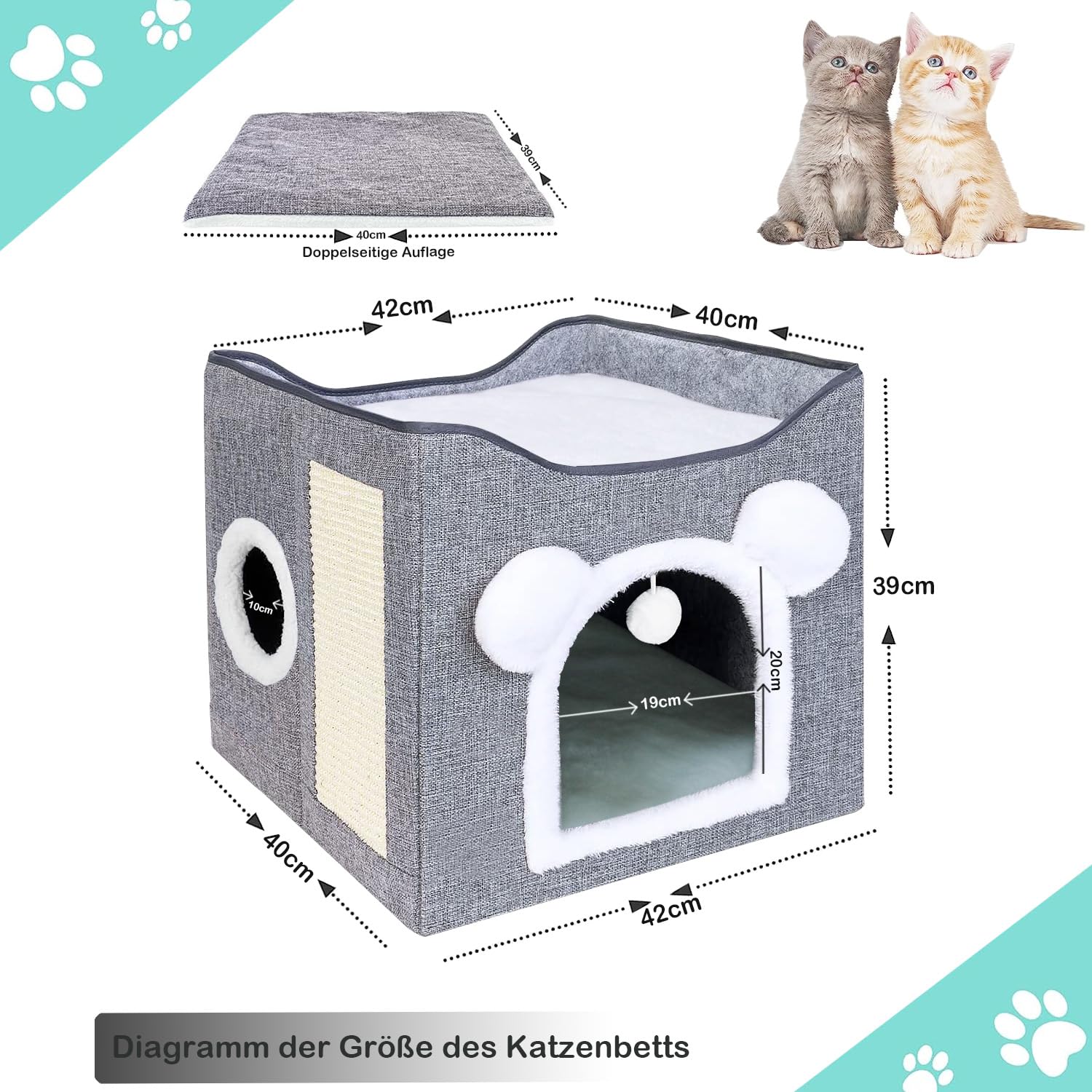 Faltbares Katzenhaus KatzenhöhleIndoor, schönHaus für Katzen mit Terrasse, Katzenhöhle 2 Schicht, mit Kratzbrett und Spielball, katzenbett für 2 Katzen, 42 x 40 x 39 cm, Grau