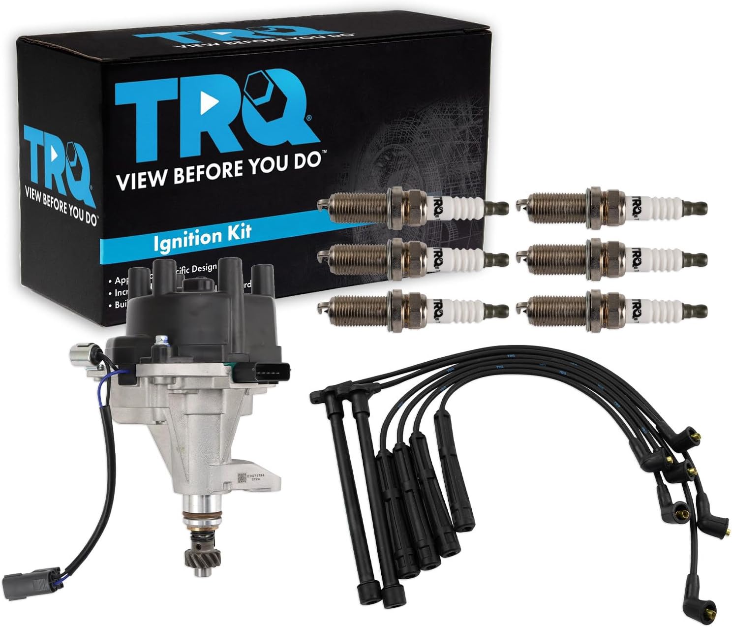 TRQ Ignition Coil and Spark Plug Kit 8 Piece Distributor Spark Plug Wires Compatible with 2002-2004 Nissan Frontier 2003-2004 Xterra