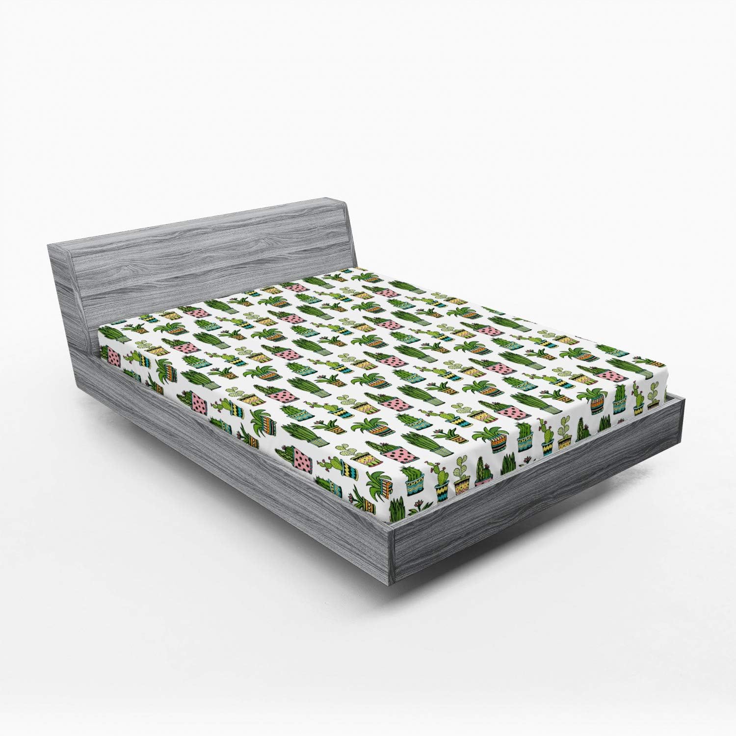 Ambesonne Cactus Fitted Sheet, Colorful Succulent Houseplants and Cactus Pattern Doodle Style Flowers Pots, Bed Cover with All-Round Elastic Deep Pocket for Comfort, Queen Size, Multicolor
