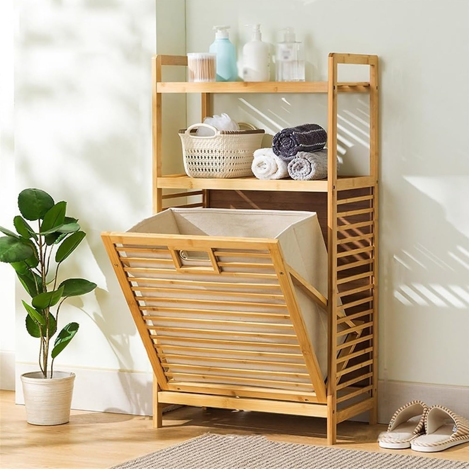 Cesto portabiancheria in bambù, organizer inclinabile per vestiti sporchi, design con ripiani aperti per bagno, camera da letto, soggiorno, lavanderia