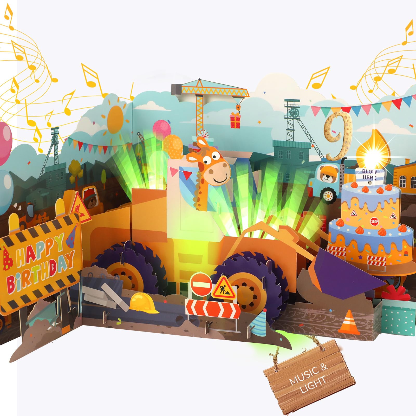 9th Birthday Card with Music & Lights, Musical Birthday Card for 9th Boys Girls, 3D Bulldozer Pop-up Birthday Cards for 9-Year-Old Boys Girls Grandson Granddaughter