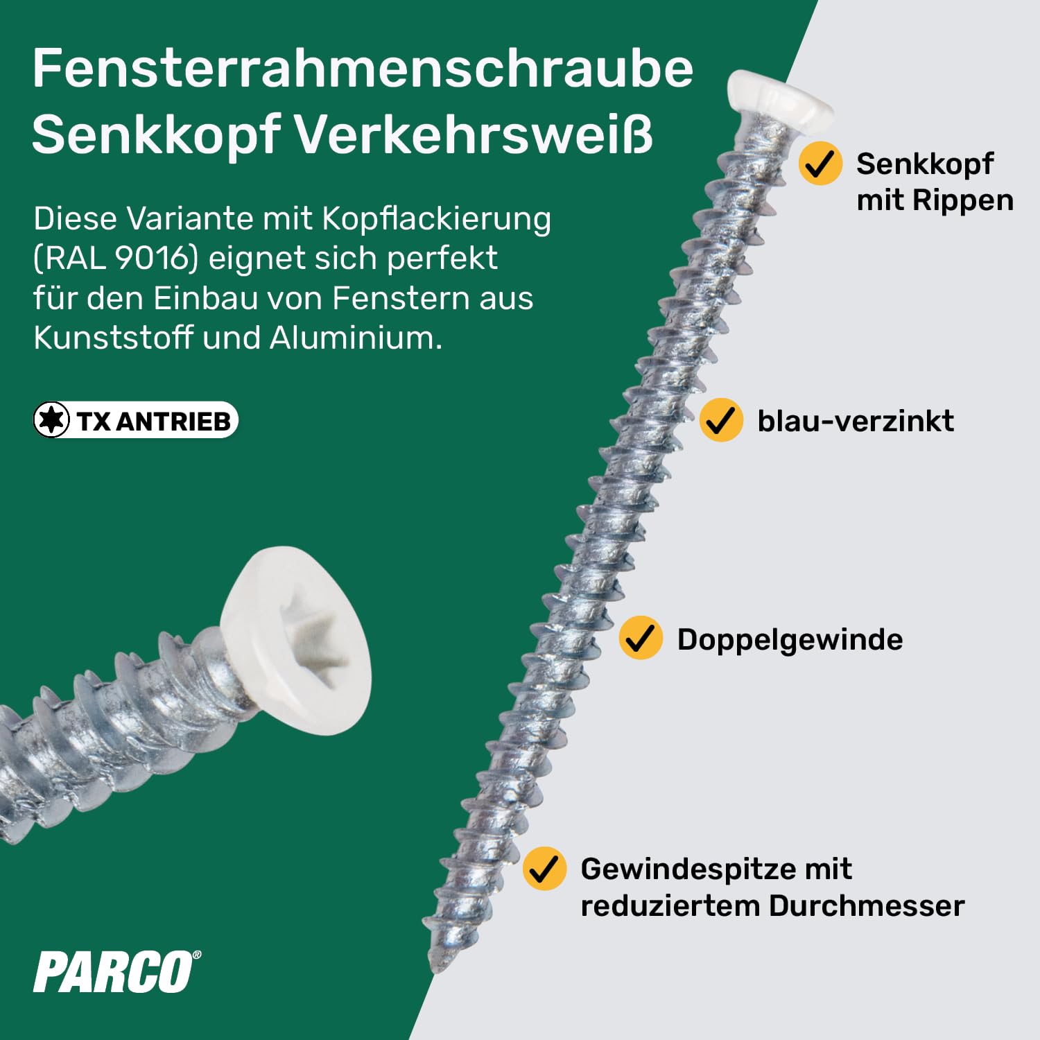PARCO Vis pour cadre de fenêtre mm - Couleur - Vis de fenêtre galvanisée pour bois, plastique et aluminium - Pour montage sur fenêtre sans chevilles - Pour montage à distance (RAL 9016, 7,5 x 132 mm)