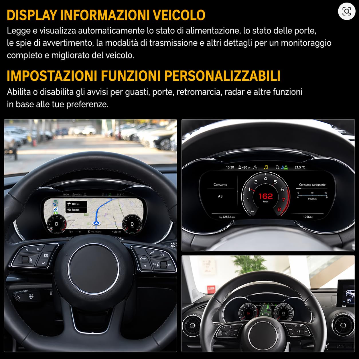 VIBEX Tachimetro Digitale 10,25 per Audi A3, S3, RS3 8V 2013-2019 |Virtual Cockpit LCD Full HD | Apple CarPlay Android Auto Wireless | Navigazione GPS | Plug & Play | Comandi al Volante |