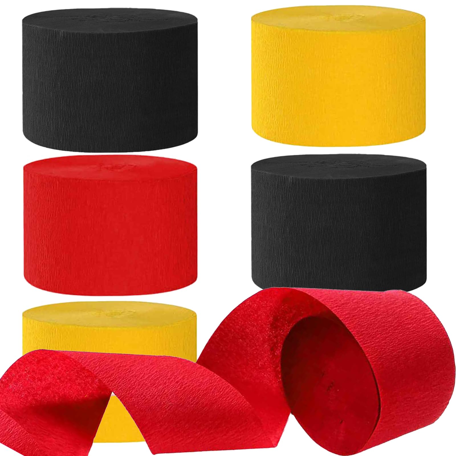 We Moment Black Red and Yellow Crepe Paper Streamers Party Streamer 1.8 Inch Widening 6 Rolls,Black Red Yellow Party Streamer 82 feet per roll for Birthday Party Decorations
