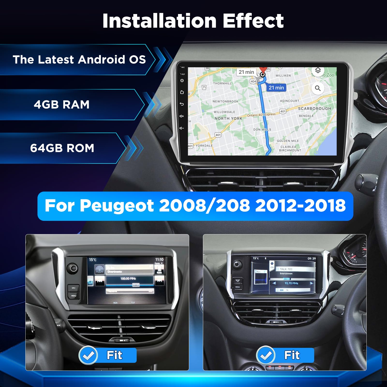 4+64G Autoradio Android per Peugeot 208/2008 2012-2018, Stereo con Schermo 10 pollici, Wireless Carplay e Android Auto, Audio DSP 32EQ + Telecamera posteriore AHD, Supporto OEM