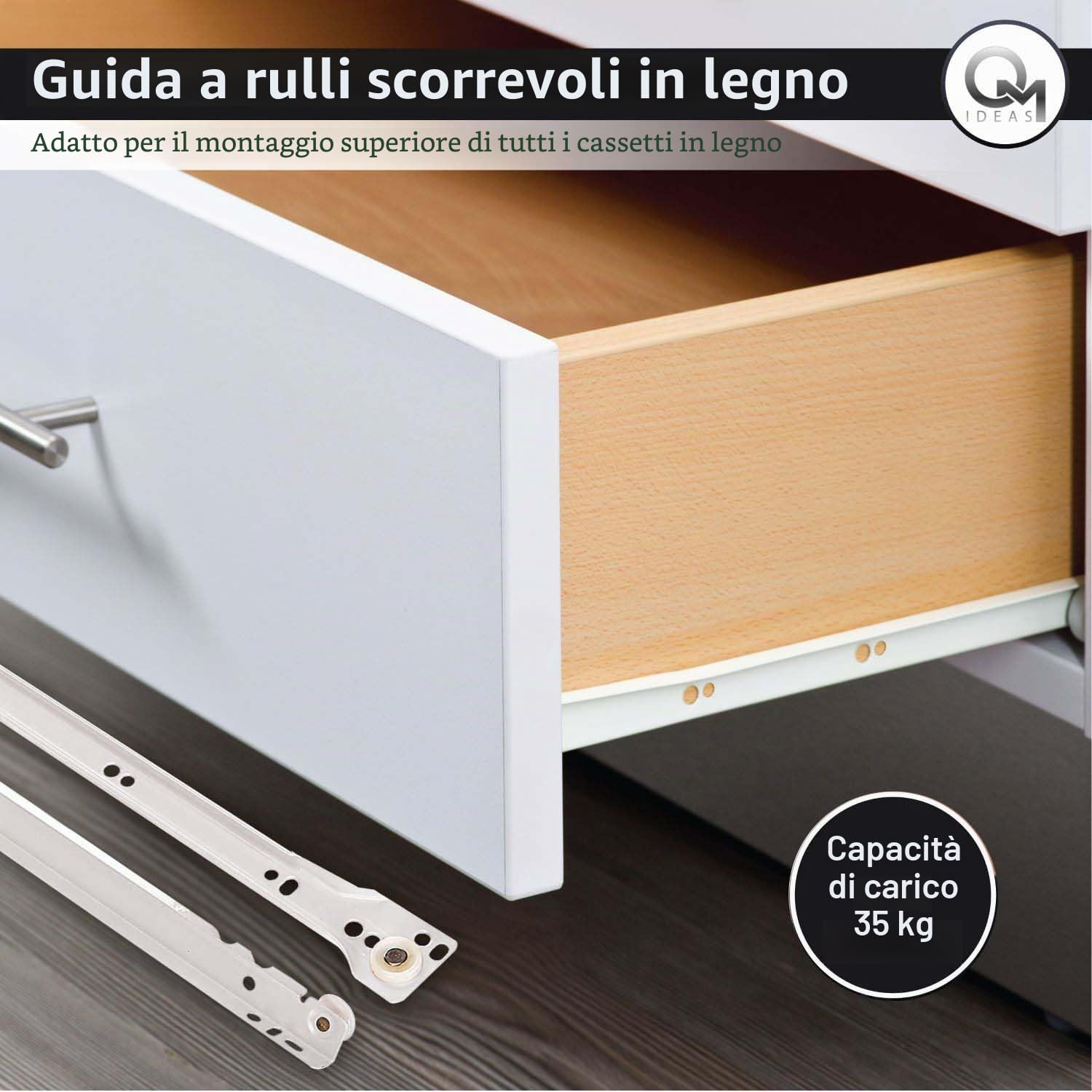 2 paia di guide per cassetti di alta qualità con base fissa in metallo bianco, 400 mm