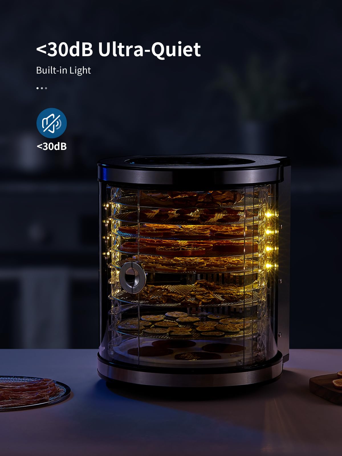 Deshidratador de 10 niveles de acero inoxidable con pantalla LCD – Secador de alimentos con rotación 850 W, 35 – 75 °C, temporizador 1 – 48 h, 9 programas automáticos + DIY LED, silencioso <30 dB
