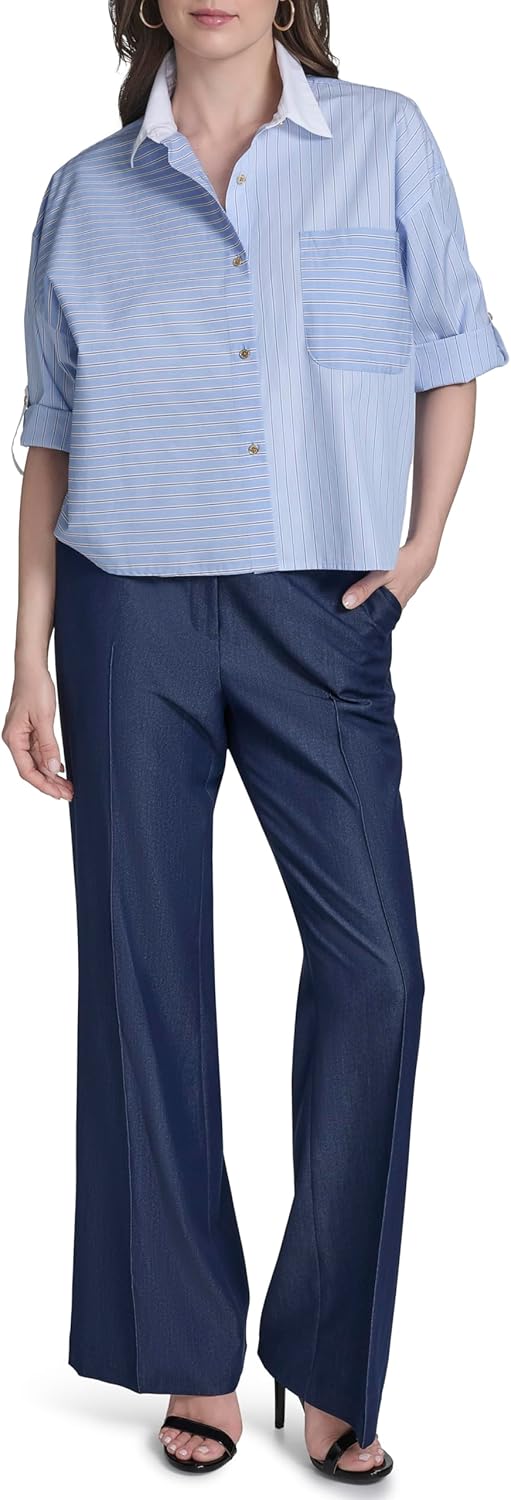 H Halston Womens Long Sleeve Cotton Poplin Contrast Collar Top