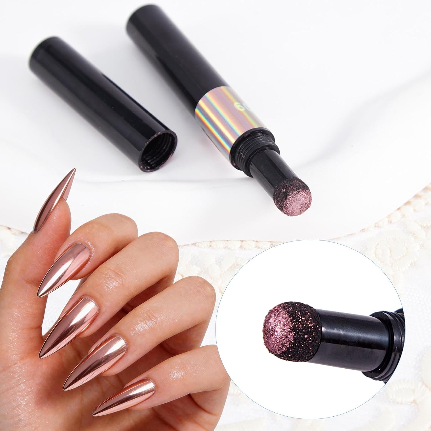 WOKOTO 2pcs Air Cushion Mirror Magic Nail Powder Pens for Nails, Champagne Gold & Rose Taupe Chrome Applicator Pens with Built-in Magic Chrome Powder, Portable Nail Art Glitter Pen Pigment Tool