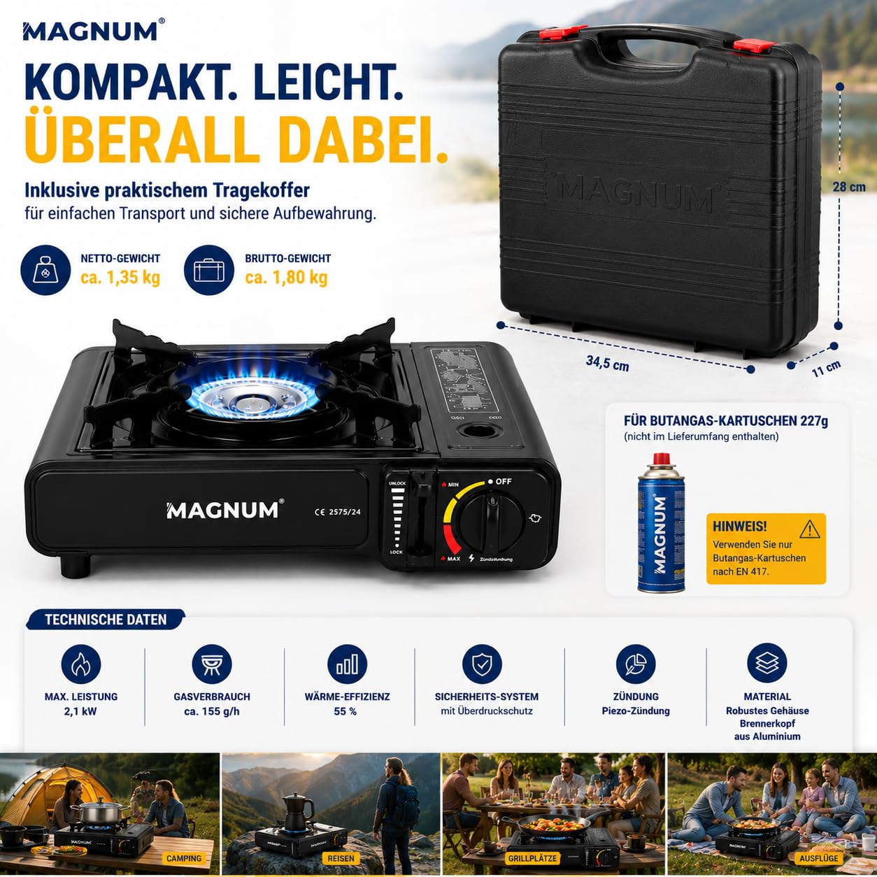 Magnum® Gaskocher [inkl. 16x Gaskartuschen] – Campingkocher [Notfall Ausrüstung ] – Gaskocher mit Kartusche - Campingkocher mit Gaskartusche (16 Kartuschen)