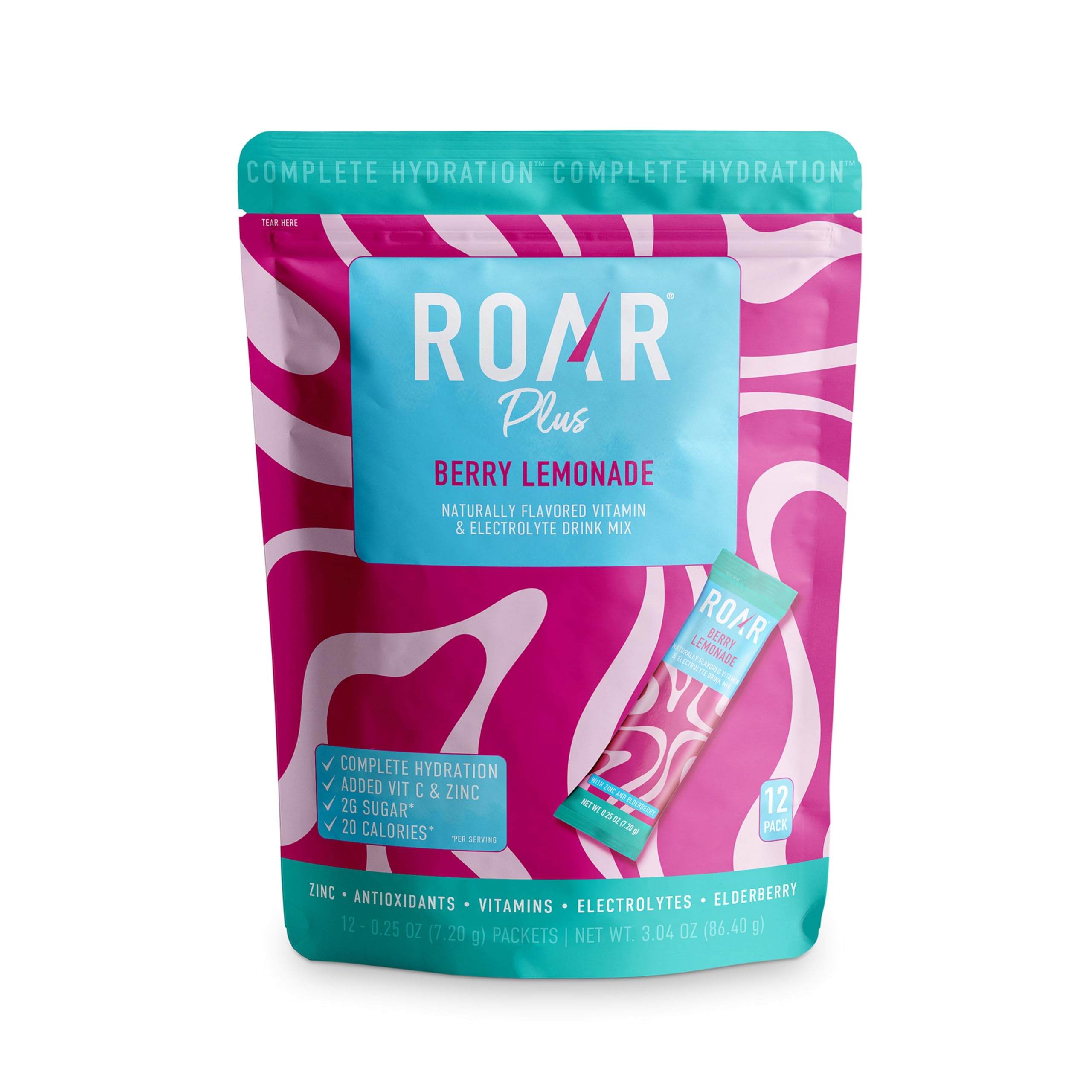 Roar Complete Hydration Powder Plus - Hydration Packets with Zinc and Elderberry - Electrolytes Powder No GMOs, Gluten Free - Berry Lemonade - 12 pc