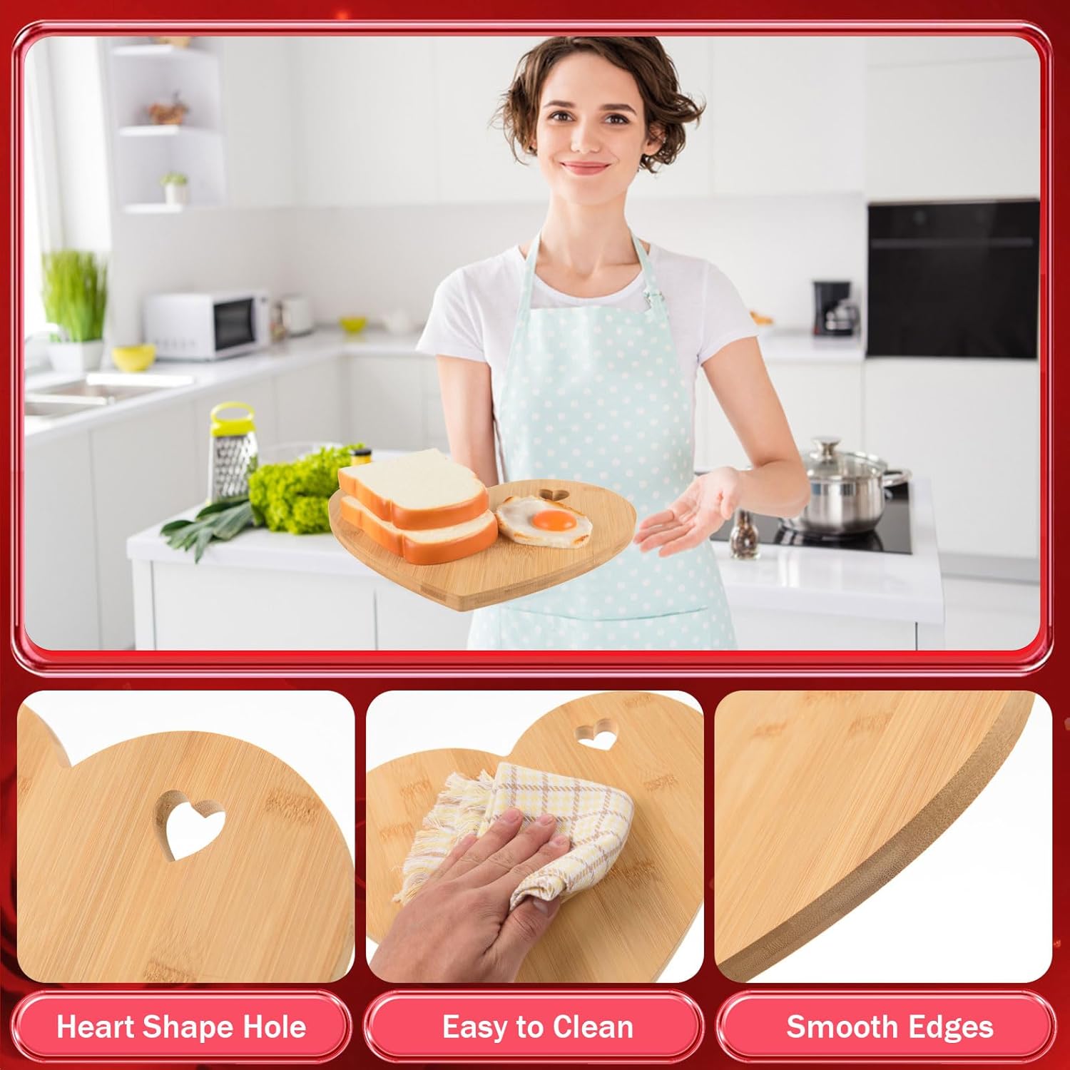 AWIZOM 2 Pack Heart Shaped Bamboo Cutting Board Valentine's Day Wooden Charcuterie Board with Hole Bread Cheese Serving Tray Platter Kitchen Chopping Board for Housewarming Present,12.01x9.45x0.59"