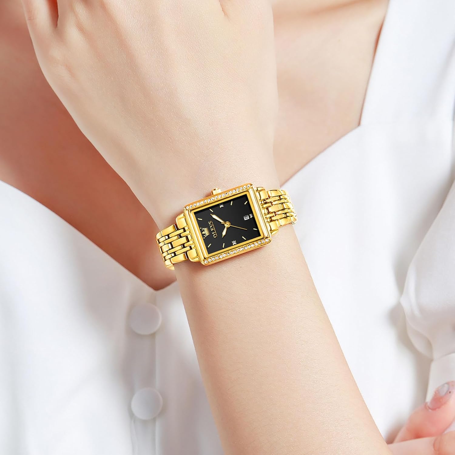 OLEVS Square Watches for Women, Gold Stainless Steel Bracelet Ladies Small Face Watches, Dainty Waterproof Women's Wrist Watches with Date, Gold/Black/White/Blue/Green Dial - Image 6