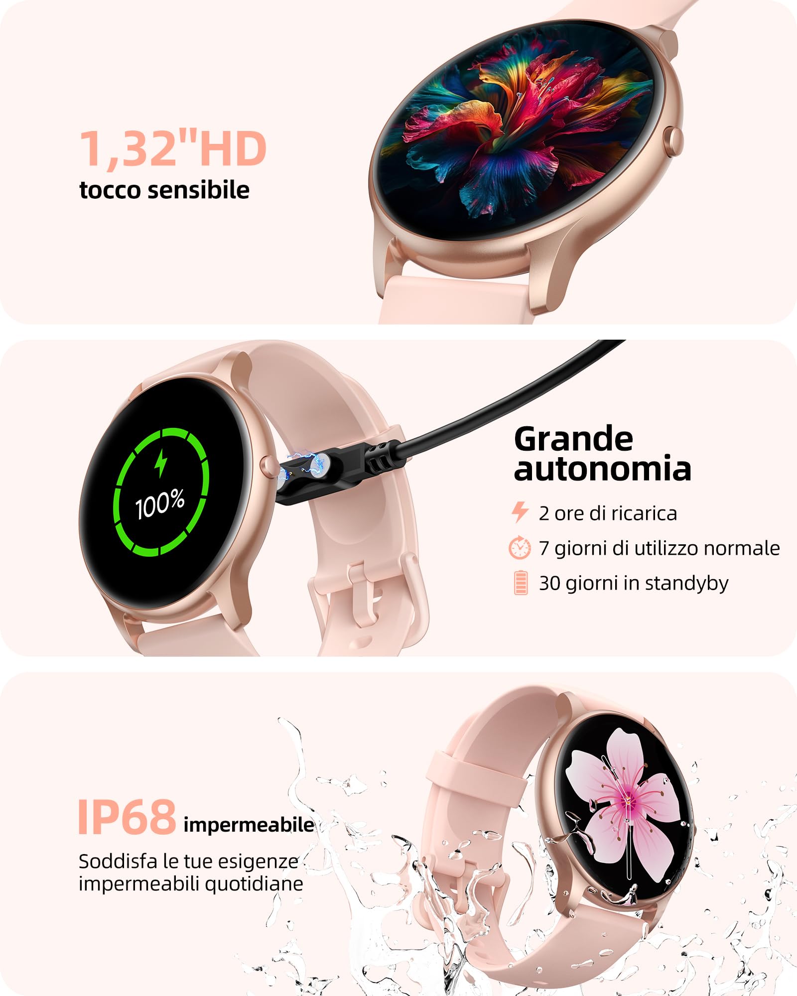 Parsonver Smartwatch Donna con Chiamate Bluetooth, 100+ Modalità Sportive | 1.32" Fitness Sportivo Orologio con Monitor del SpO2/Sonno/Frequenza Cardiaca, Smart Watch per Android iOS, Oro Rosa, SPROD1