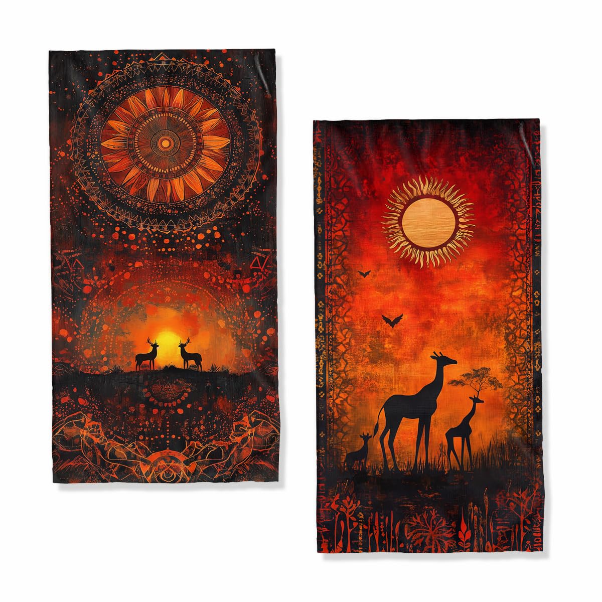 XYJFZL African Tribal Mandala Hand Towels Bathroom Set of 2 Absorbent Sun Animals Flowers Ochre Decorative Hand Towels Set for Bathroom Gym Hotel Spa