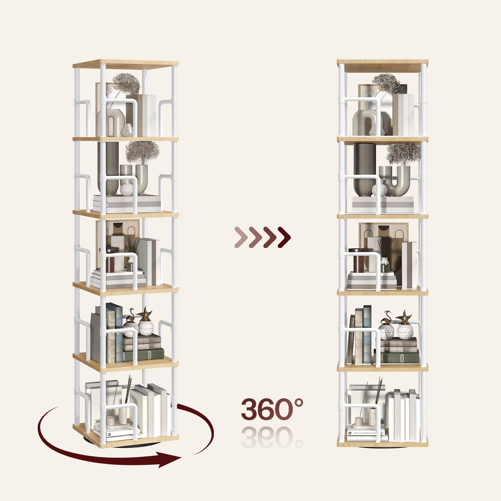 MAHANCRIS Libreria Girevole a 5 Livelli, Scaffale Angolare Indipendente, 360°, Stile Industriale, con Protezioni, per Soggiorno, Camera da Letto, Studio, Ufficio, Bianco ABKBN1601