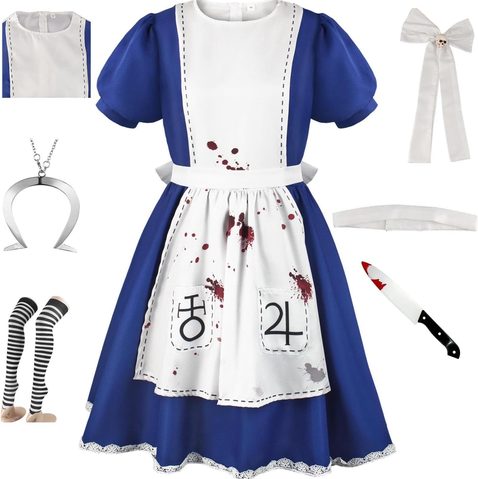 HSJZBQSM Alice Madness Returns Cosplay Costume With Necklace Maid Dress Set Halloween Madness Fancy Dress Party