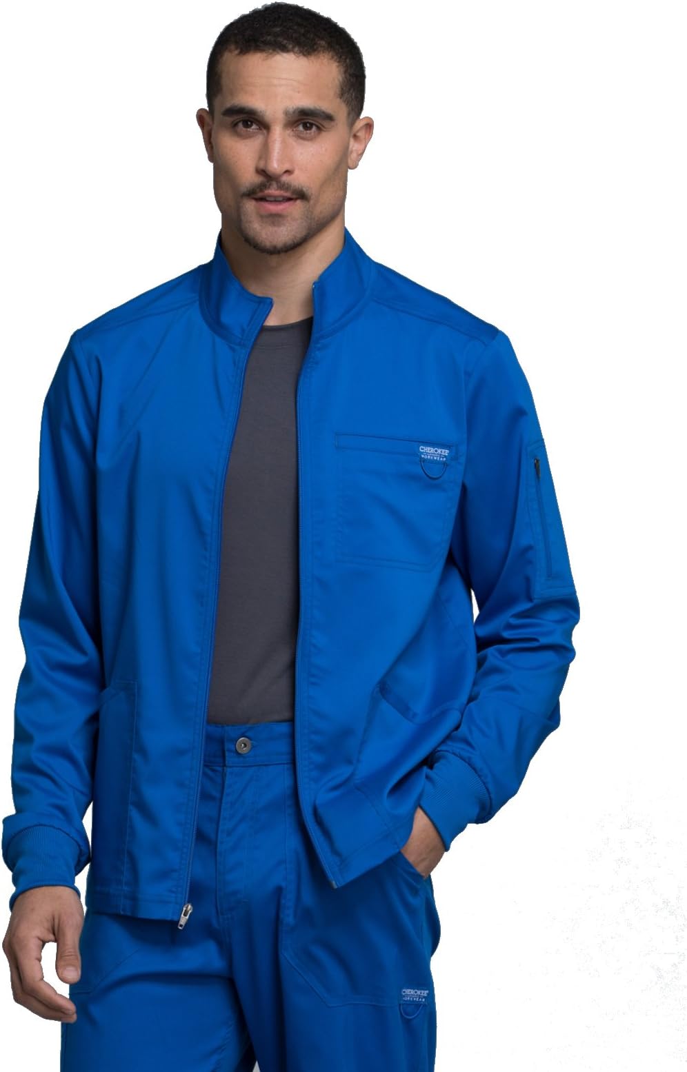 Cherokee Scrub Jacket Men's Zip Front Jacket with 5 Pockets, Bungee Loop, Rib-Knit Cuffs, Soft 2-Way Stretch Fabric - WW320
