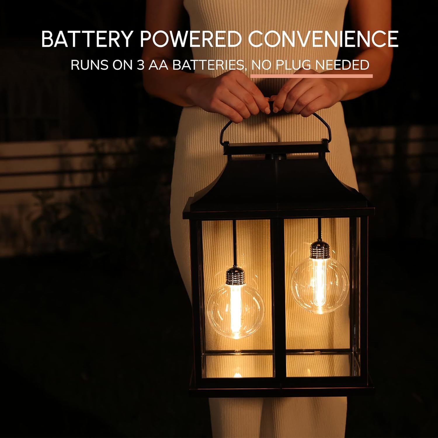 Modern Farmhouse Lanterns, Black Plastic Clear Glass Shade Lanterns Decor –3AA Battery Powered, with 2 G100 LED Vintage Bulbs & Timer(6/18),Ideal for Porch, Patio, Indoor Tables & Mantelpiece.