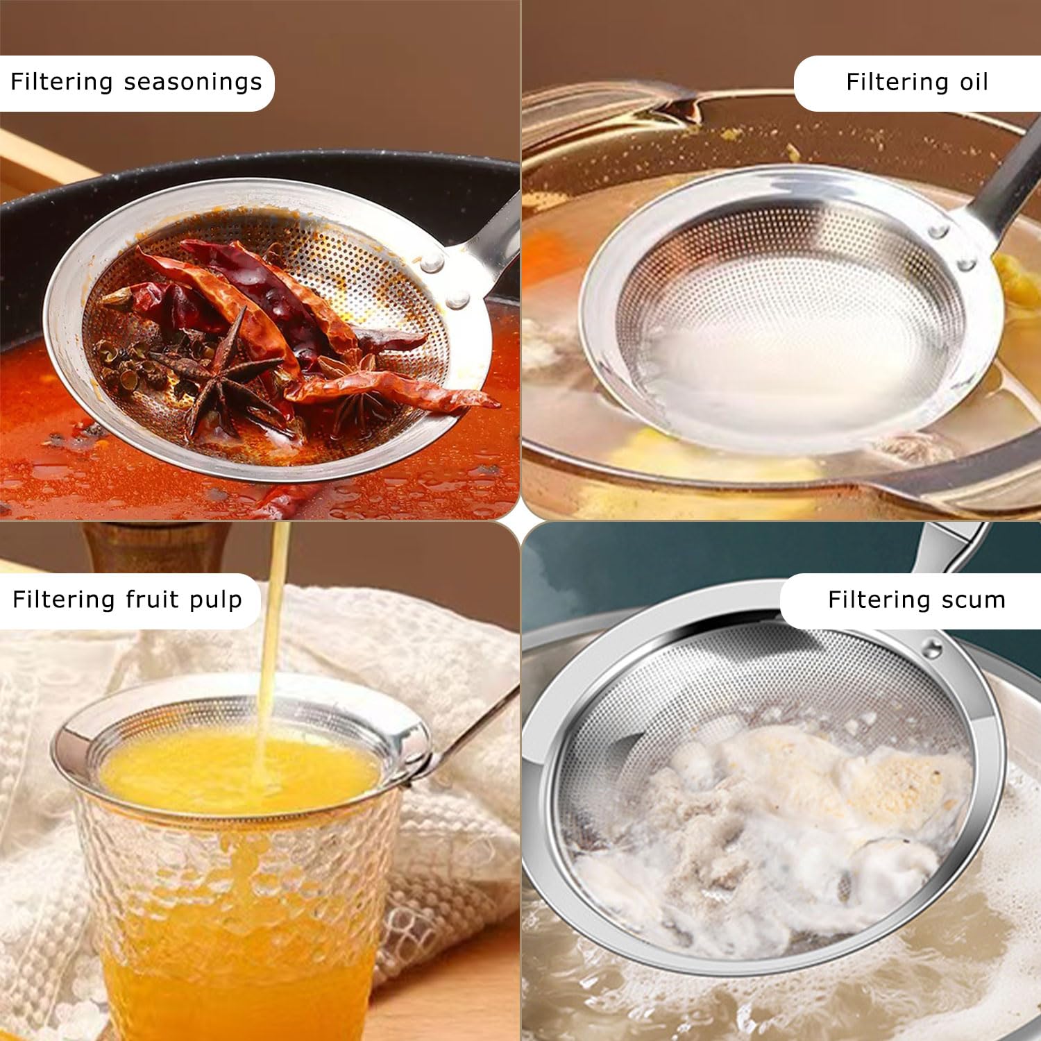 2 Unidades Espumadera Acero Inoxidable, Colador de Alimentos para Cocina, Cuchara de Filtro, Colador de Malla Fina para Separar Manchas de Aceite, Grasa, Espuma, Aceite de Filtro